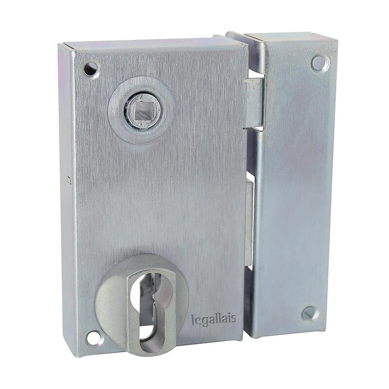 Serrure de grille en applique type saint pierre acier zingué blanc vericale à fouillot main gauche. disponible abidjan cote d'ivoire.