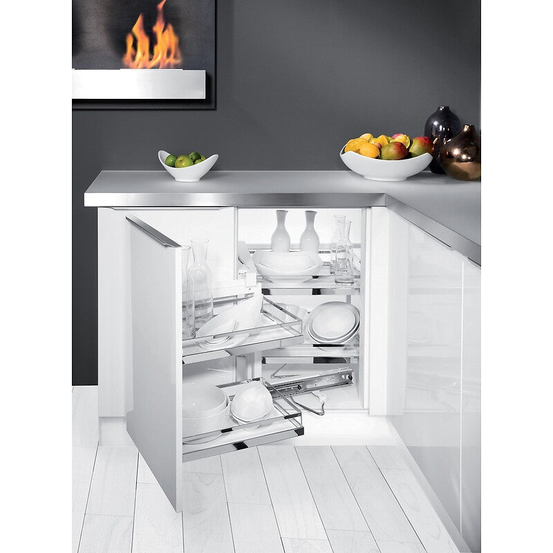 Système extractible magic corner porte l450 mm sens gauche avec 1 ferrure d'angle avec amorti et 4 plateaux arena style. disponible abidjan cote d'ivoire.